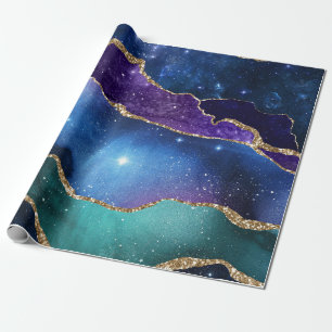 Galaxy Pink Blue Purple Agate Faux Gold Glitter Wrapping Paper