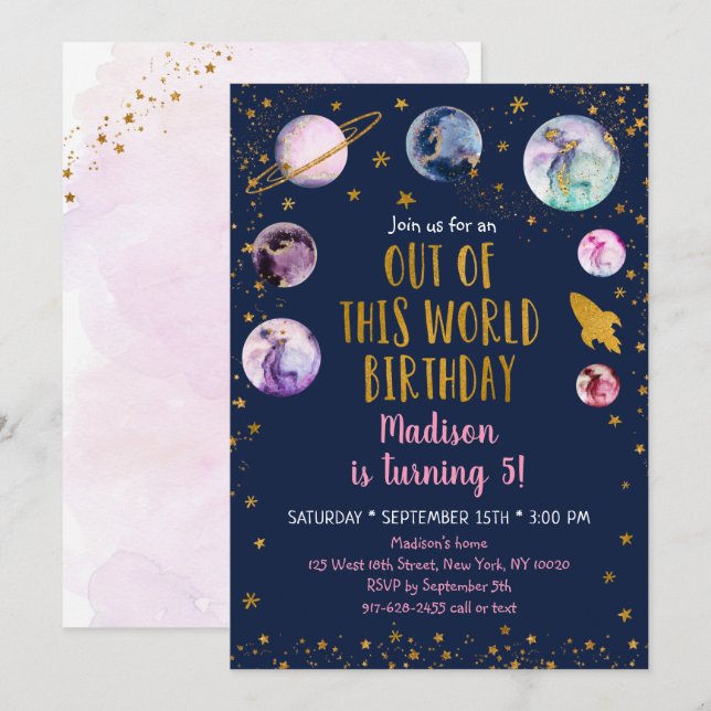 Galaxy Pink Gold Out Of This World Birthday Invitation (Front/Back)