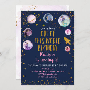 Galaxy Pink Gold Out Of This World Birthday Invitation