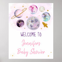 Galaxy Pink Gold Outer Space Baby Shower Welcome Poster