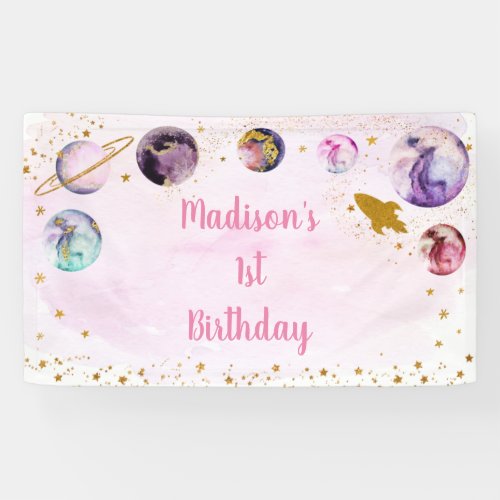 Galaxy Pink Gold Outer Space Birthday Banner