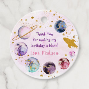 Galaxy Pink Gold Outer Space Birthday Favor Tags