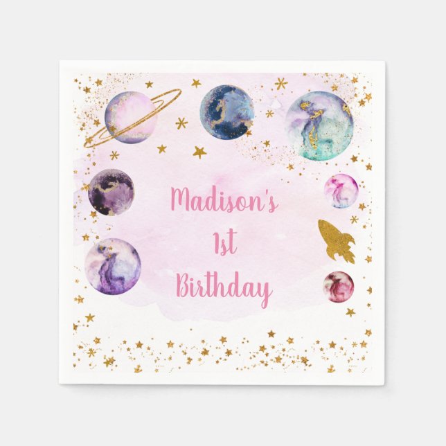 Galaxy Pink Gold Outer Space Birthday Napkins (Front)