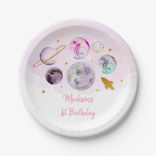 Galaxy Pink Gold Outer Space Birthday Paper Plates