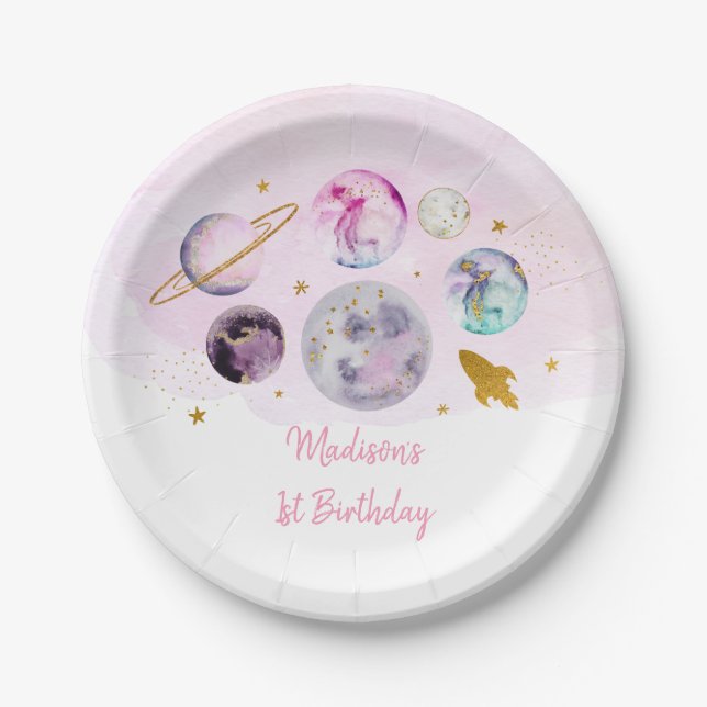 Galaxy Pink Gold Outer Space Birthday Paper Plates (Front)