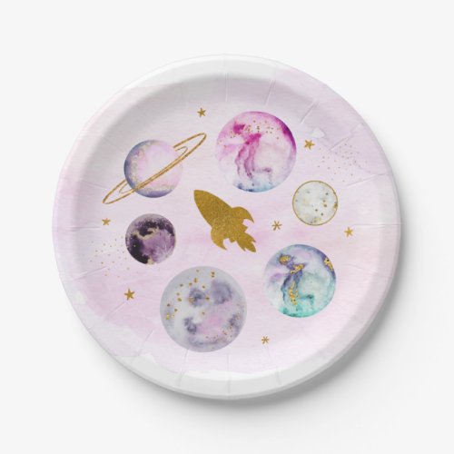 Galaxy Pink Gold Outer Space Birthday Paper Plates