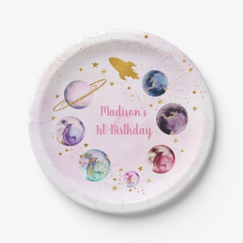 Galaxy Pink Gold Outer Space Birthday Paper Plates