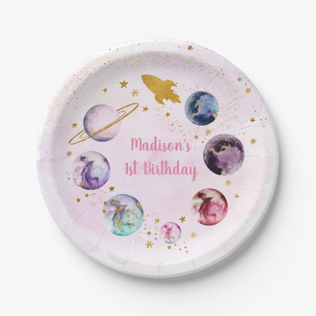Galaxy Pink Gold Outer Space Birthday Paper Plates (Front)