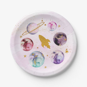 Galaxy Pink Gold Outer Space Birthday Paper Plates