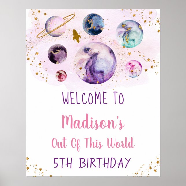 Galaxy Pink Gold Outer Space Birthday Welcome Poster (Front)