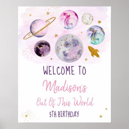 Galaxy Pink Gold Outer Space Birthday Welcome Poster