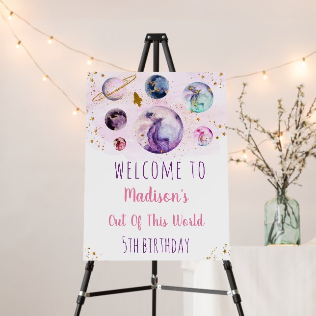 Galaxy Pink Gold Space Birthday Welcome Foam Board (In Situ (Stand))