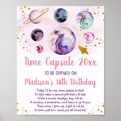 Galaxy Pink Gold Space Time Capsule 1st Birthday Poster