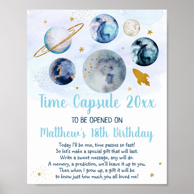 Galaxy Pink Gold Space Time Capsule 1st Birthday Poster (Front)