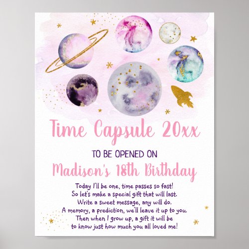 Galaxy Pink Gold Space Time Capsule 1st Birthday Poster