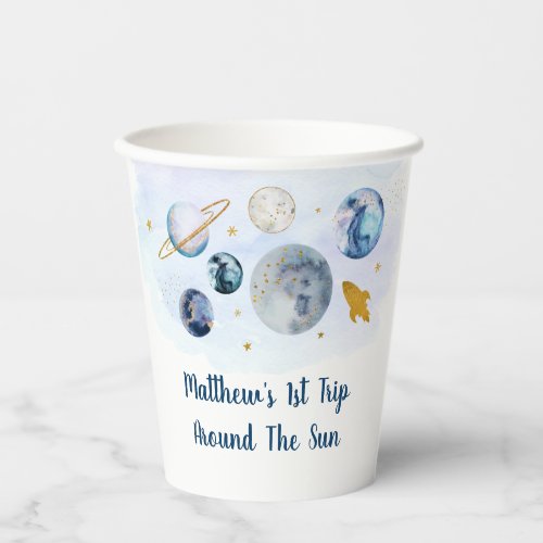  Galaxy Planets Space Blue Gold Birthday Paper Cups