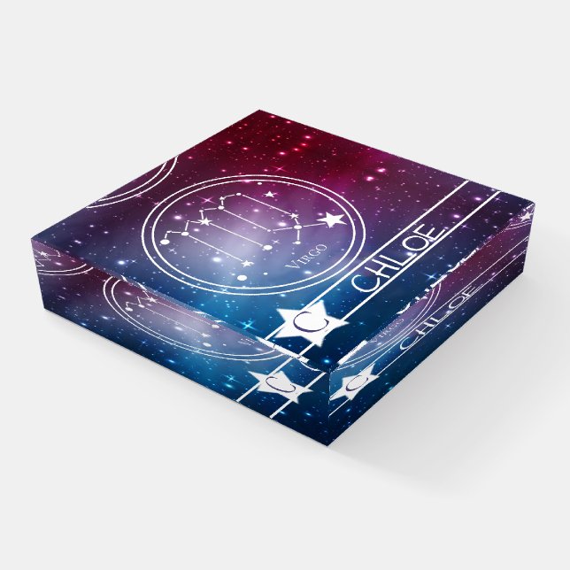 Galaxy Purple Blue Monogram Name Zodiac Sign VIRGO Paperweight (Angled)