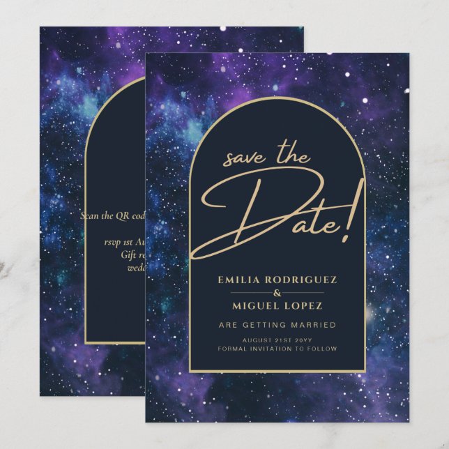 Galaxy Purple Blue Starry Night Wedding Save Date Invitation (Front/Back)