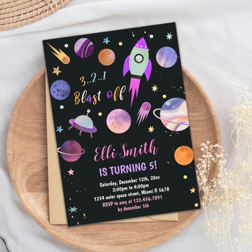 Galaxy Purple Planets Birthday Invitations