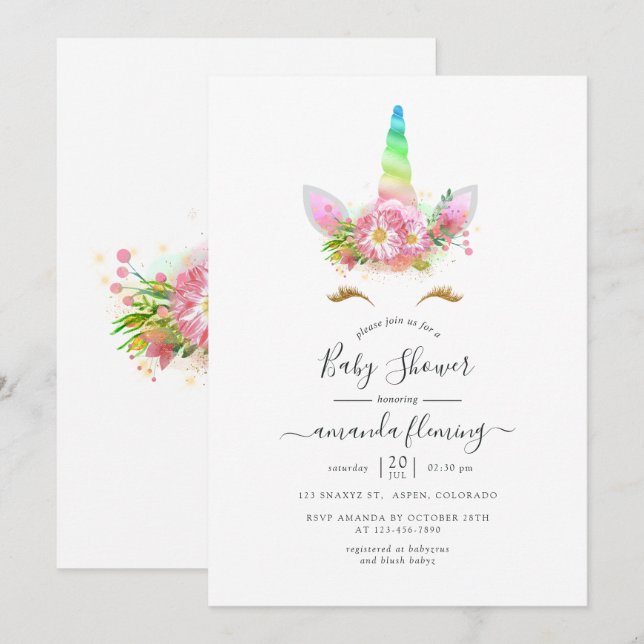 Galaxy Rainbow Floral Unicorn Baby Shower Invitation (Front/Back)