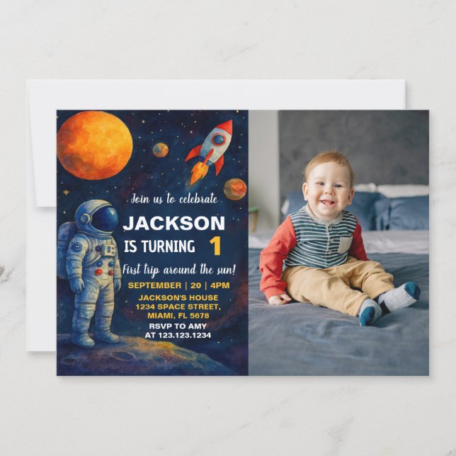 Galaxy Rocket Party Invite with photo (Front)