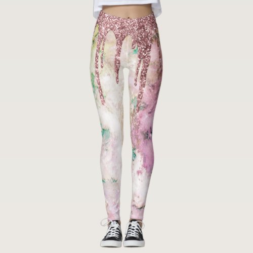 Galaxy Rose Gold Glitter Drips Elegant Design Leggings