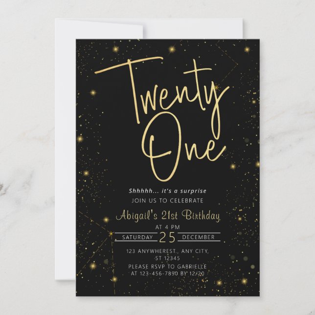 Galaxy Script Black and Gold 21st Birthday Party Invitation (Front)