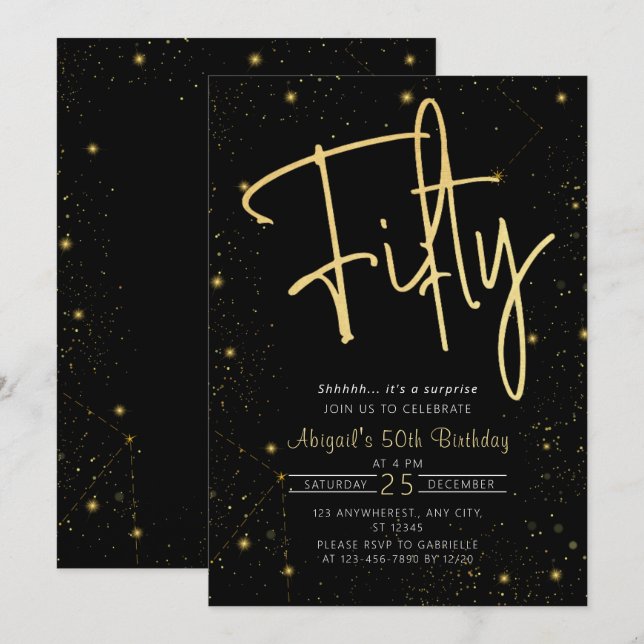 Galaxy Script Black and Gold 50th Birthday Party Invitation (Front/Back)