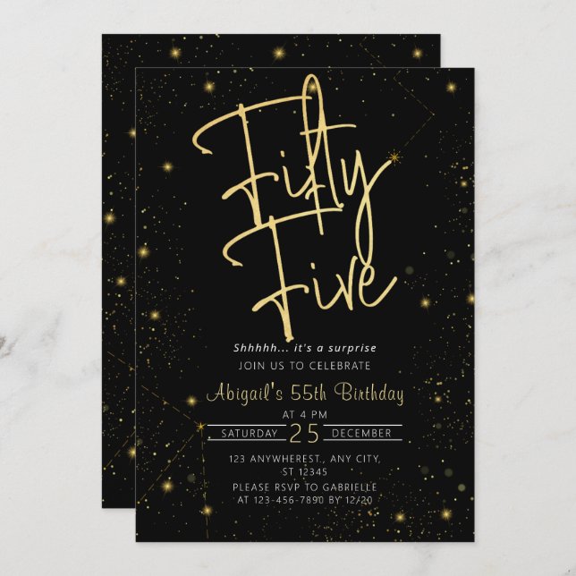 Galaxy Script Black and Gold 55th Birthday Party Invitation (Front/Back)