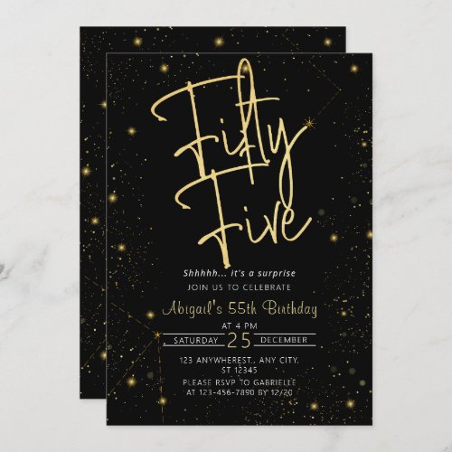 Galaxy Script Black and Gold 55th Birthday Party Invitation