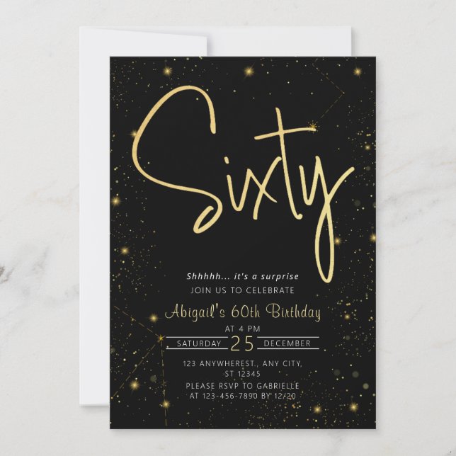 Galaxy Script Black and Gold 60th Birthday Party Invitation (Front)