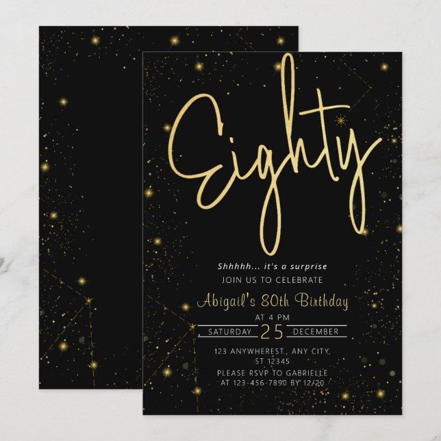 Galaxy Script Black and Gold 80th Birthday Party Invitation (Front/Back)