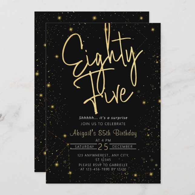 Galaxy Script Black and Gold 85th Birthday Party Invitation (Front/Back)