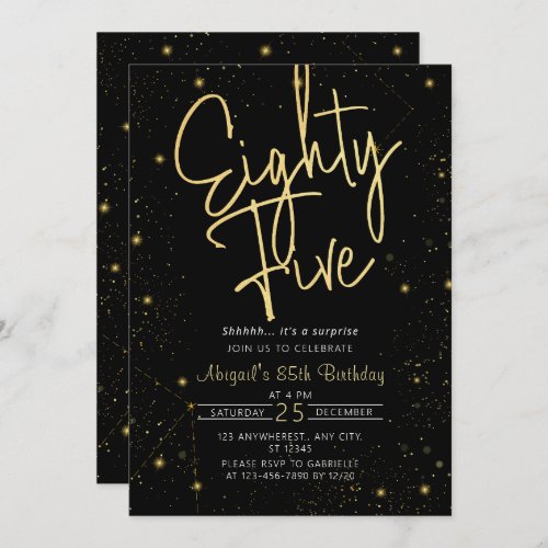 Galaxy Script Black and Gold 85th Birthday Party Invitation