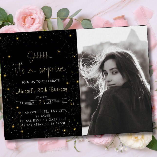 Galaxy Script Photo Black and Gold Birthday Party Invitation ( Galaxy Script Photo Black and Gold Birthday Party Invitation ()