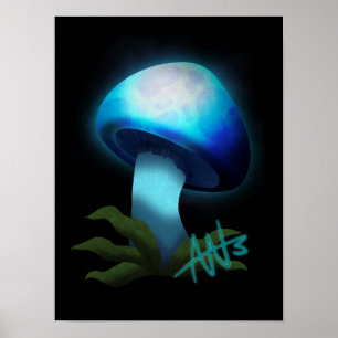 Galaxy Shiitake Glowing Light Blue Mushroom Poster
