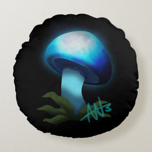 Galaxy Shiitake Glowing Light Blue Mushroom Round Pillow