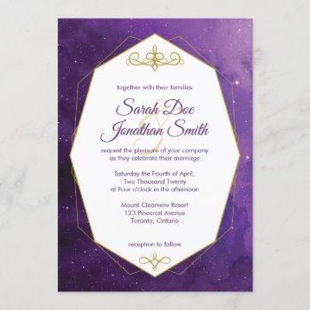 Galaxy Sky With Gold Frame Wedding Invitation by fireflidesigns at Zazzle