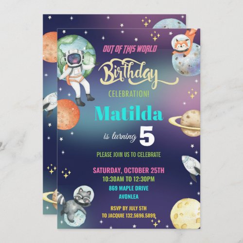 Galaxy Space Astronaut Planets Girl Birthday Party Invitation