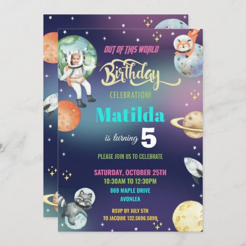 Galaxy Space Astronaut Planets Girl Birthday Photo Invitation