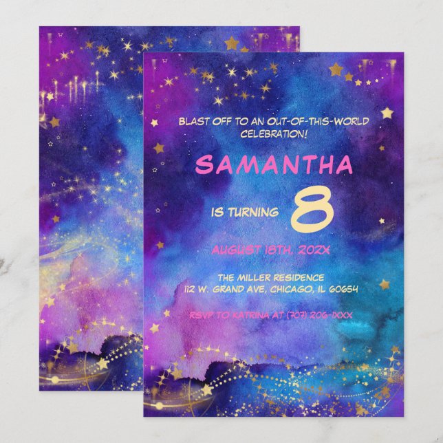 Galaxy Space Birthday Invitation for Kids (Front/Back)