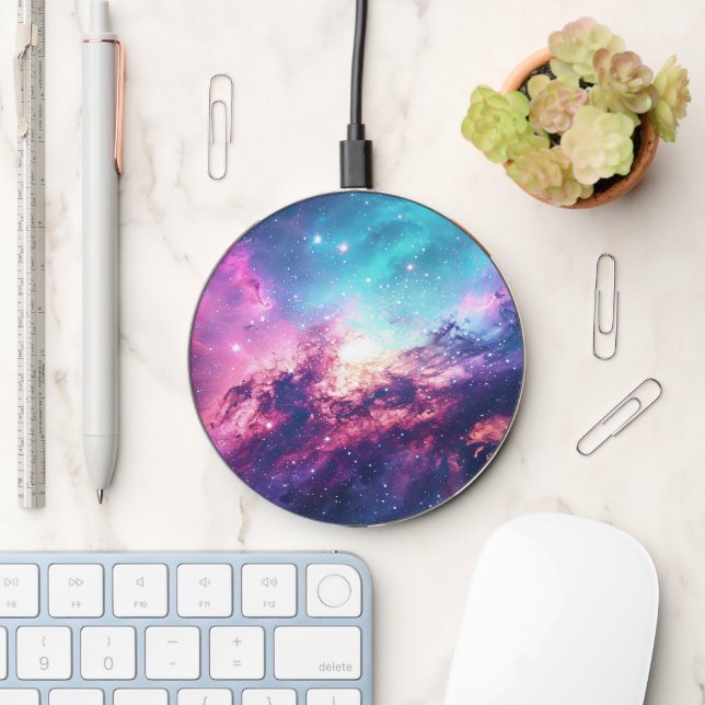 Galaxy space glitter nebula purple pink universe wireless charger  (Desk)