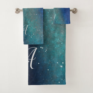Galaxy Space Nebula Night Sky Green Personalized Bath Towel Set