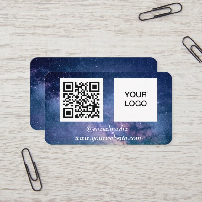 Galaxy Space Social media QR Code Navy Blue Modern Business Card (Front/Back In Situ)