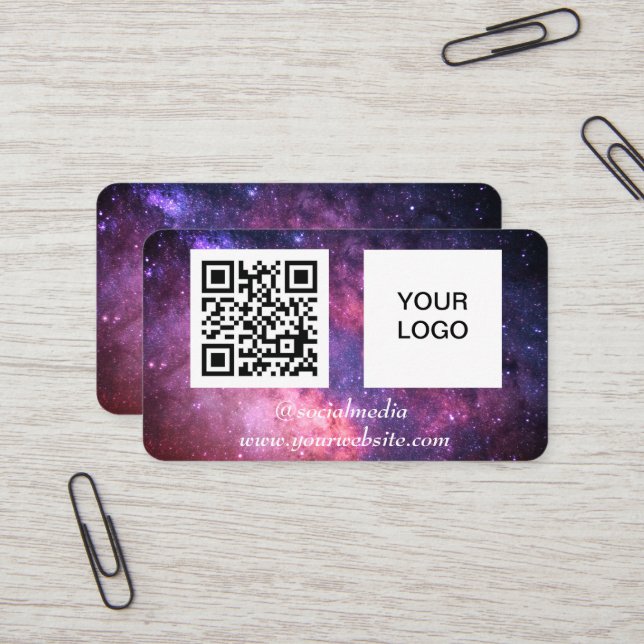 Galaxy Space Social media QR Code Purple Modern Business Card (Front/Back In Situ)
