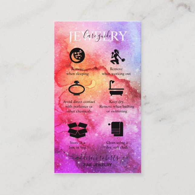 Galaxy Space Stars Ultra Violet Pink Jewelry Care Business Card (Front)