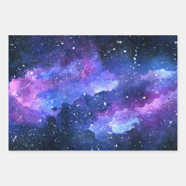 Galaxy Space Universe Watercolor Purple Wrapping Paper Sheets (Front)