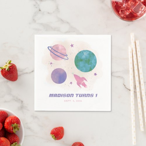 Galaxy Space Watercolor Planet Girl 1st Birthday Napkins