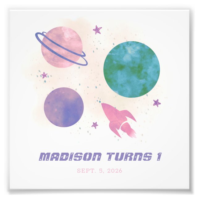 Galaxy Space Watercolor Planet Girl 1st Birthday Photo Print (Front)