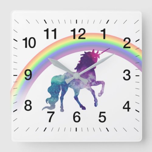 Galaxy Space Watercolor Unicorn and Pretty Rainbow Square Wall Clock